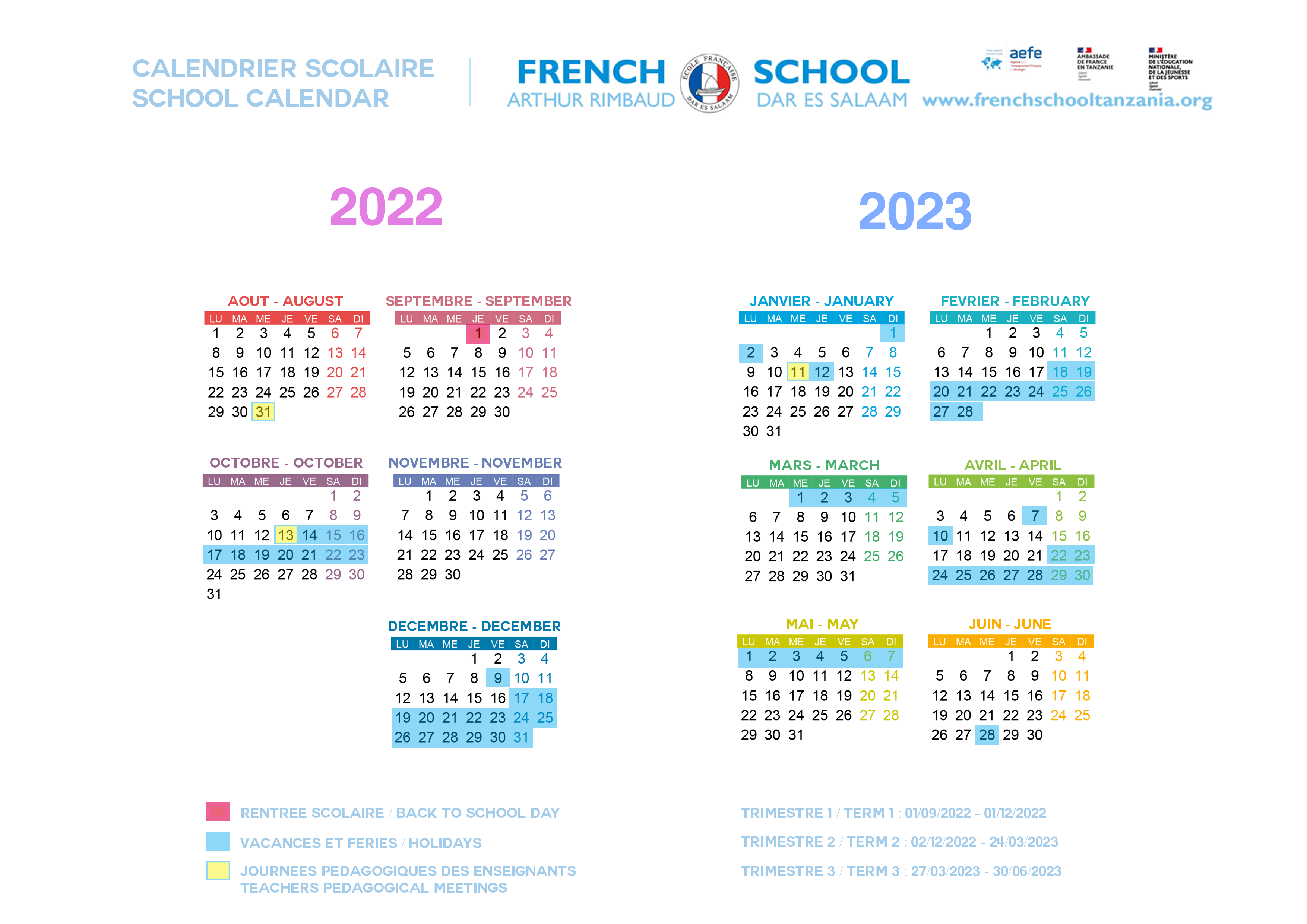 Calendrier scolaire - Arthur Rimbaud  The French School Society - Dar es Salaam