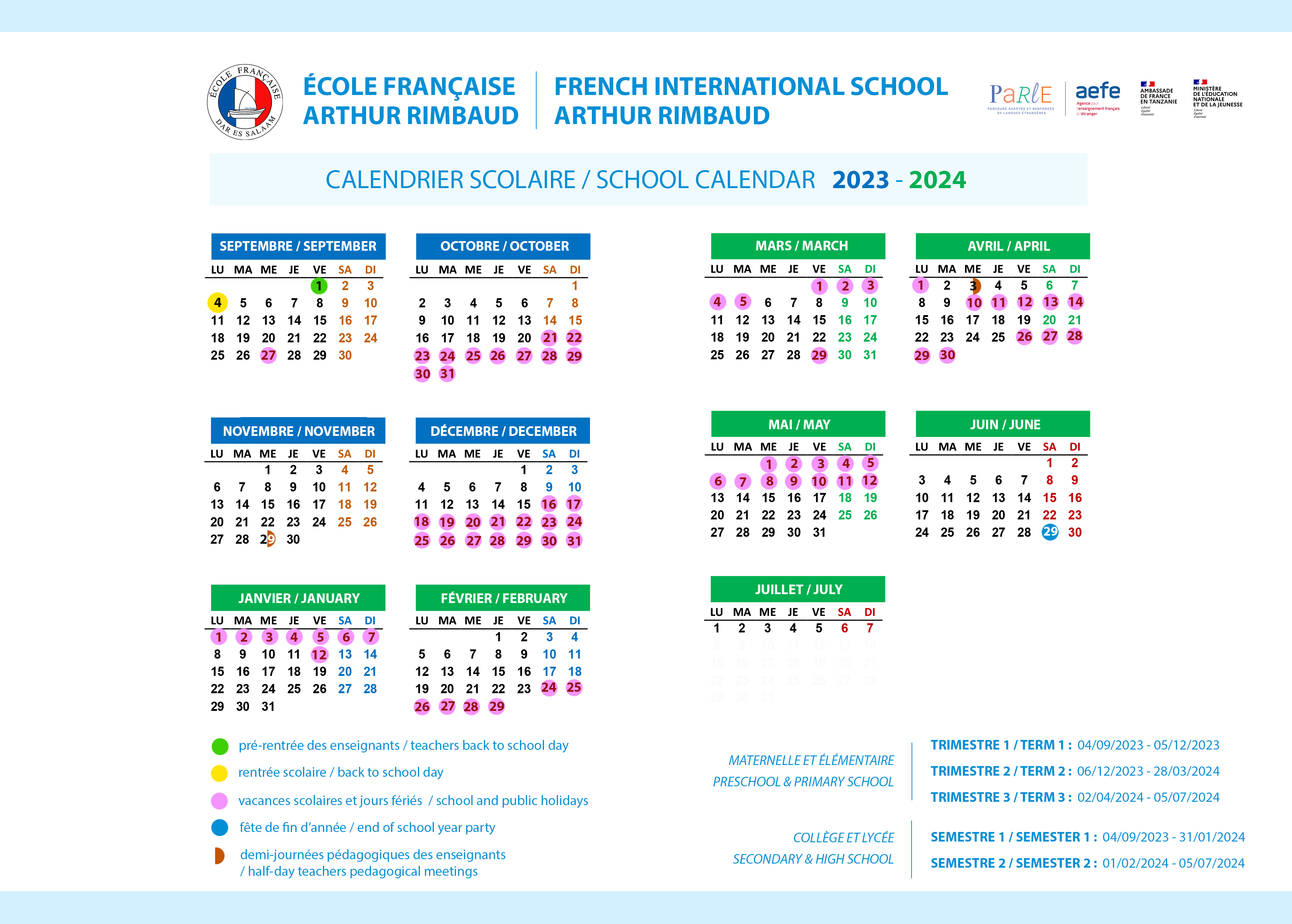 Calendrier scolaire - Arthur Rimbaud  The French School Society - Dar es  Salaam